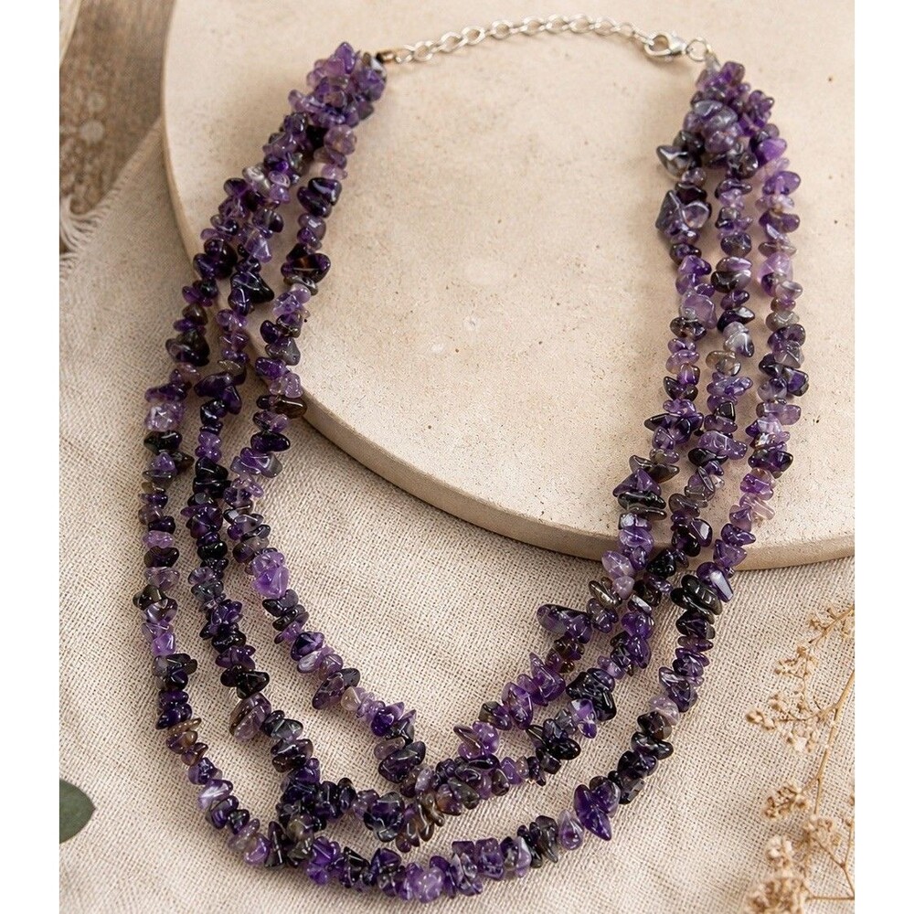 Vintage Amethyst Chip Necklace Multi Strand Purple Gemstone Boho Y2K Statement